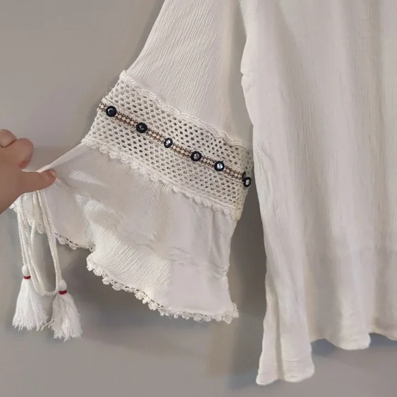 POL White Boho Peasant Blouse Tassel Tie Bell Sleeves Crochet Detail Medium - Picture 5 of 12